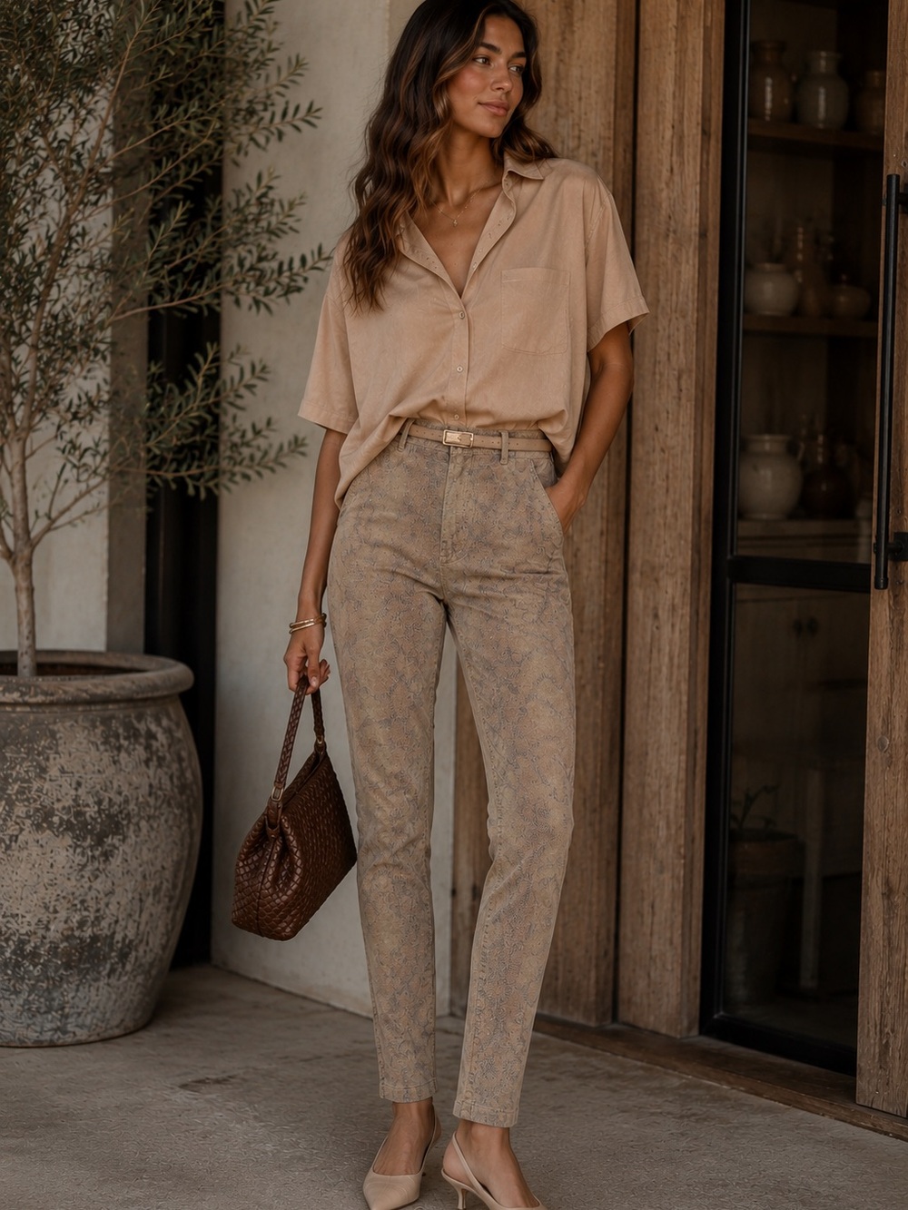 MOTHER Taupe Snake-Print High-Rise Skinny Pants